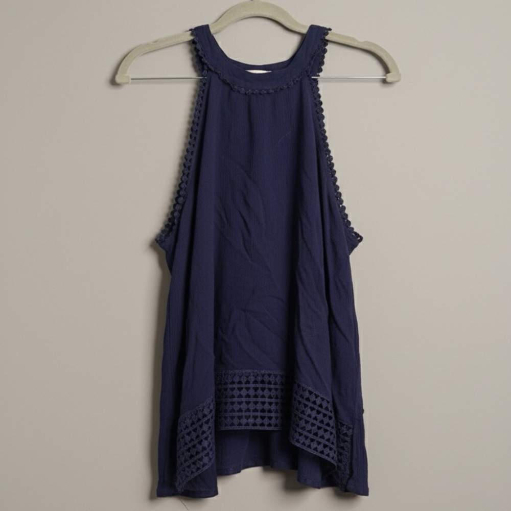 Navy Sleeveless Crochet Trim Top